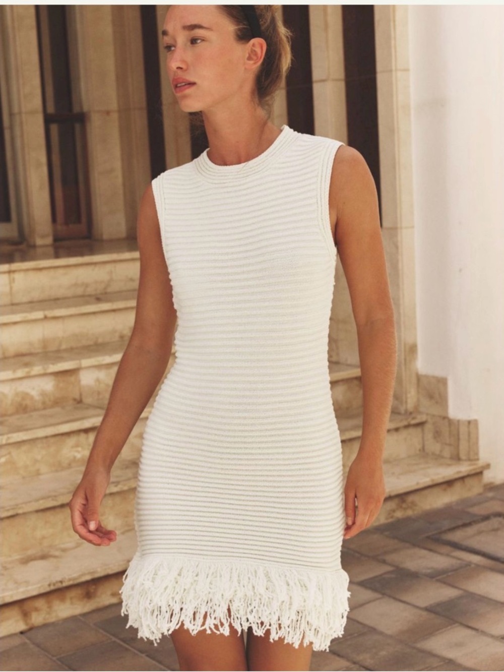 Zara Cream Fringe-Hem Knit Mini Dress - Size Small